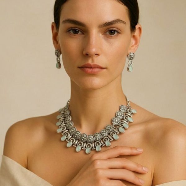 Aqua oasis oxidised silver choker set