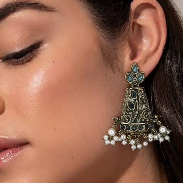 Antique teal stone oxidized jhumkas