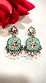 Boho teal enamel statement jhumkis - Image 2