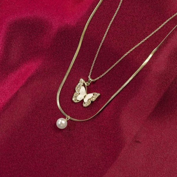Butterfly & Pearl Layered Necklace