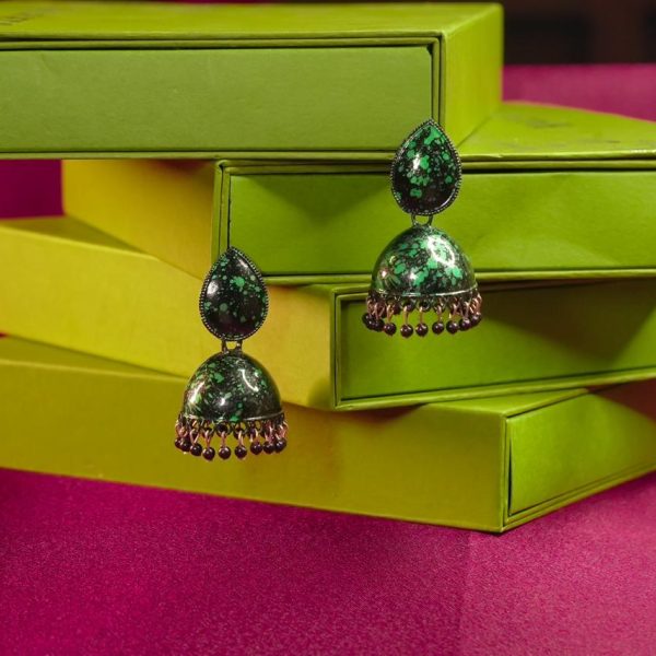 Emerald Nebula" Jhumkas: Hand-Painted Green Splatter Bell Earrings