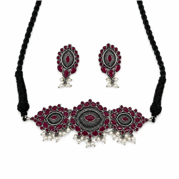 Oxidised Ruby Pearl Set