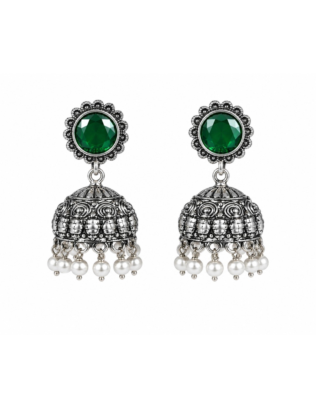 jhumka_website_200kb Green Stone Jhumka Earrings - Image 1