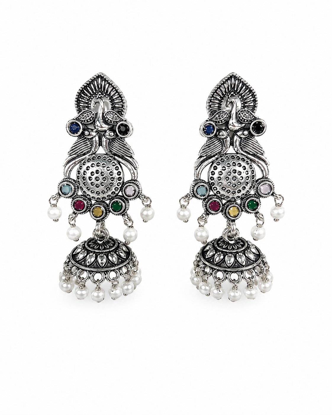 jhumka_whitebg_200kb Silver Peacock Jhumka Earrings - Image 1
