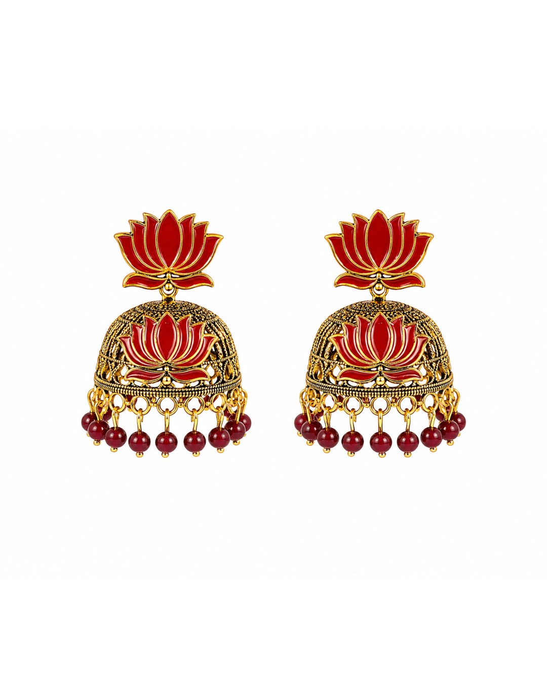 lotus_jhumka_200kb Red Lotus Jhumka Earrings - Image 1