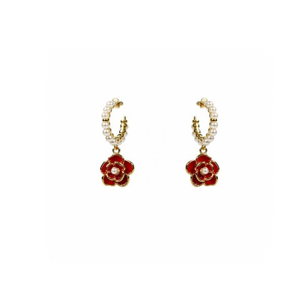 Red Floral Pearl Hoops