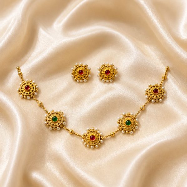 Traditional Temple Necklace with Pearl Detailing and Ruby Green Stones